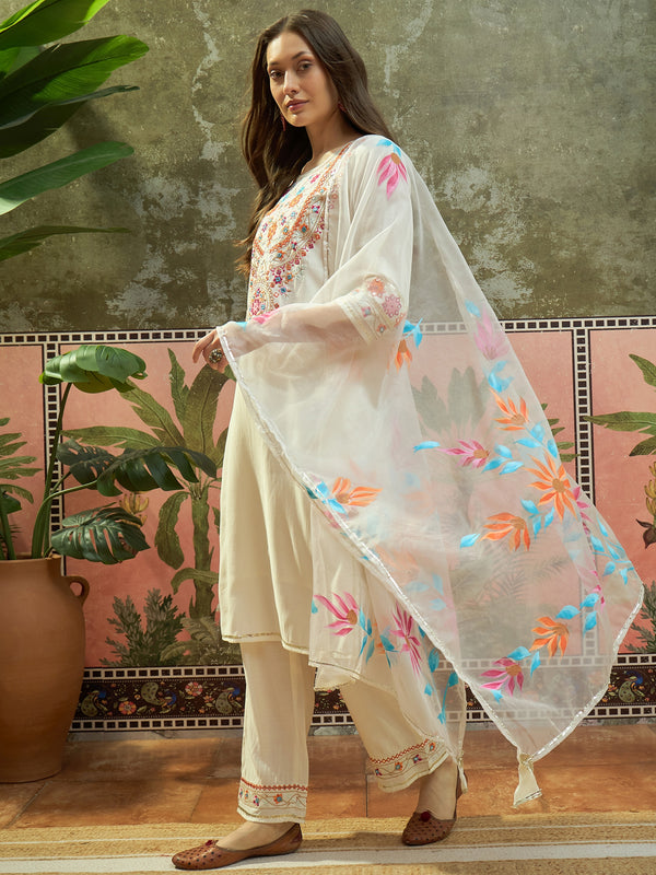 Off WhiteFloral Embroidered Straight Kurta With Trouser & Dupatta Kurta Set