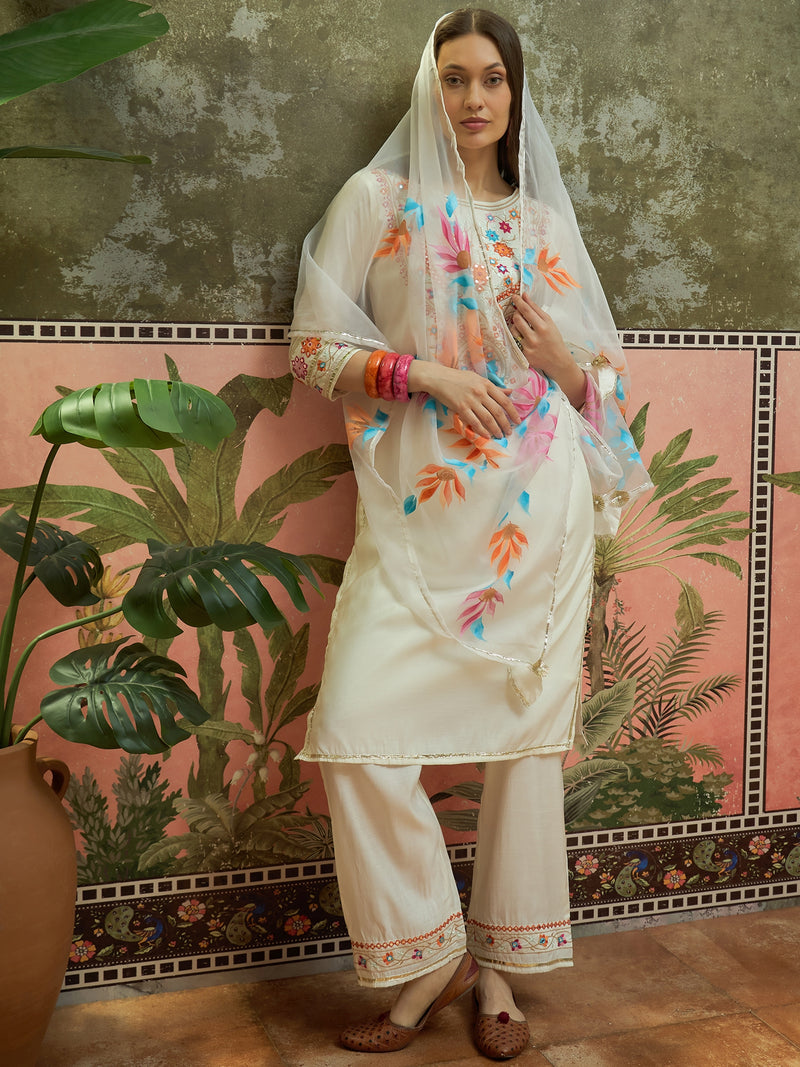 Off WhiteFloral Embroidered Straight Kurta With Trouser & Dupatta Kurta Set