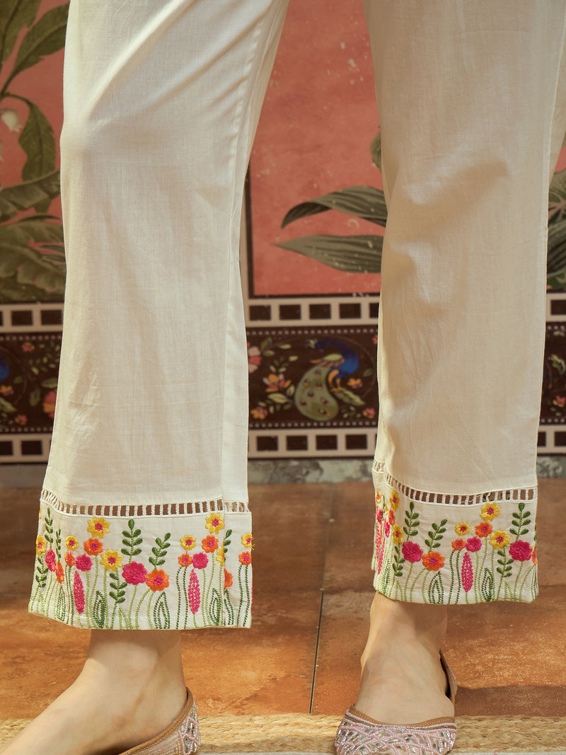 Pure Cotton Floral Embroidered Straight Kurta With Trouser & Dupatta Kurta Set