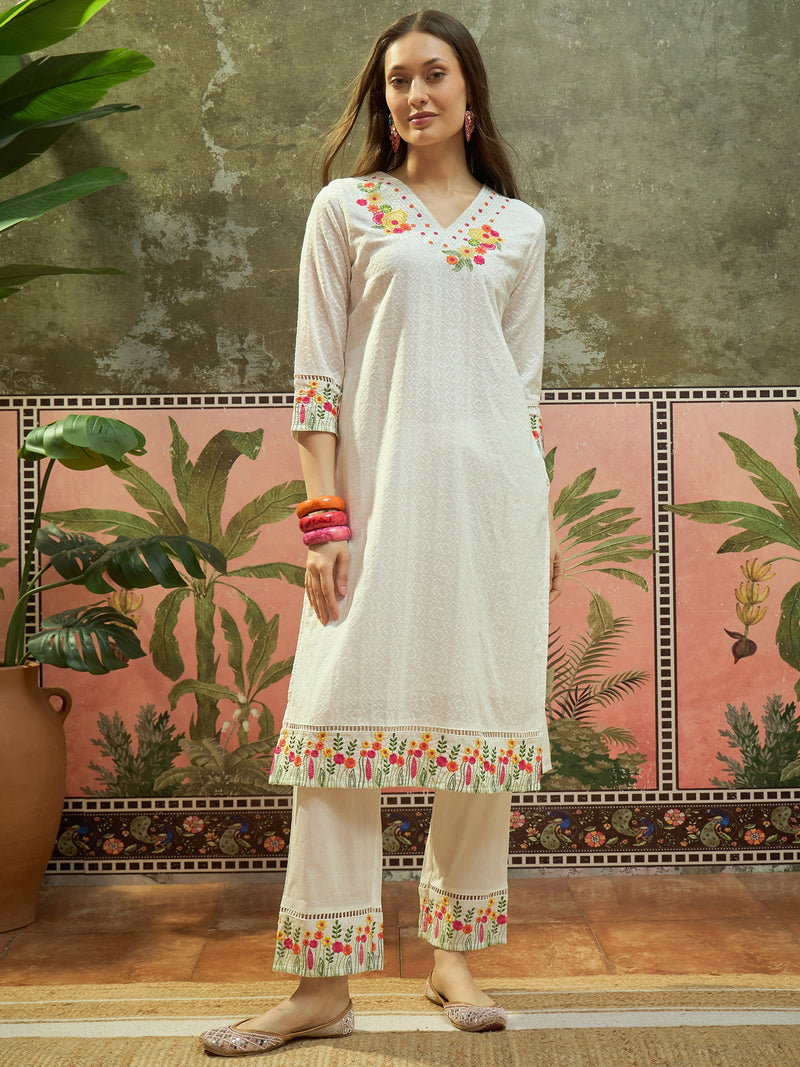 Pure Cotton Floral Embroidered Straight Kurta With Trouser & Dupatta Kurta Set