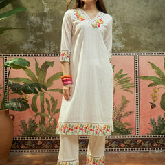 Pure Cotton Floral Embroidered Straight Kurta With Trouser & Dupatta Kurta Set