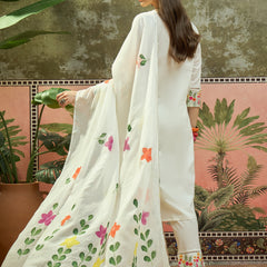 Pure Cotton Floral Embroidered Straight Kurta With Trouser & Dupatta Kurta Set