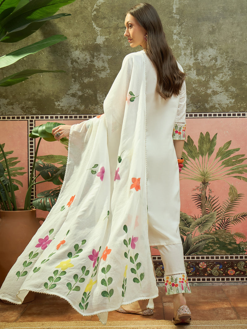 Pure Cotton Floral Embroidered Straight Kurta With Trouser & Dupatta Kurta Set