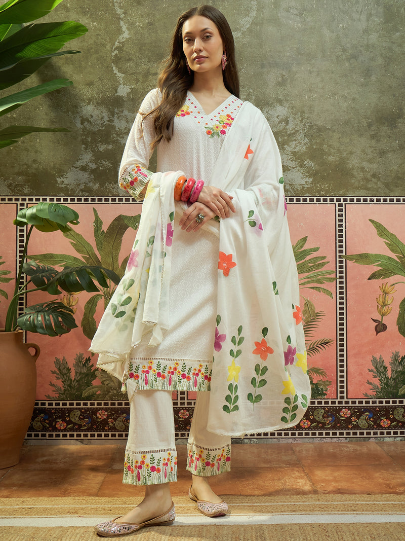 Pure Cotton Floral Embroidered Straight Kurta With Trouser & Dupatta Kurta Set