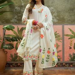 Pure Cotton Floral Embroidered Straight Kurta With Trouser & Dupatta Kurta Set