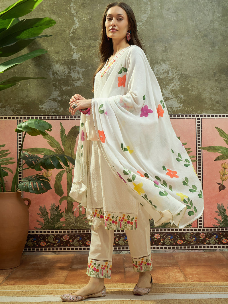 Pure Cotton Floral Embroidered Straight Kurta With Trouser & Dupatta Kurta Set