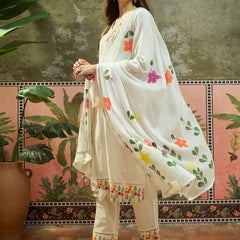 Pure Cotton Floral Embroidered Straight Kurta With Trouser & Dupatta Kurta Set