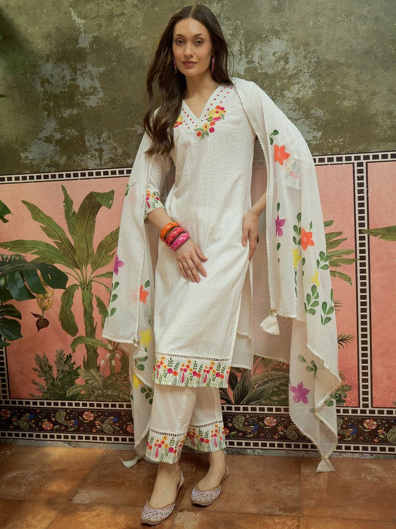 Pure Cotton Floral Embroidered Straight Kurta With Trouser & Dupatta Kurta Set