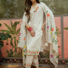 Pure Cotton Floral Embroidered Straight Kurta With Trouser & Dupatta Kurta Set