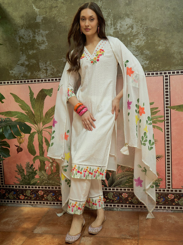 Purple Pure Cotton Floral Embroidered Straight Kurta With Trouser & Dupatta Kurta Set