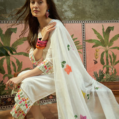 Pure Cotton Floral Embroidered Straight Kurta With Trouser & Dupatta Kurta Set