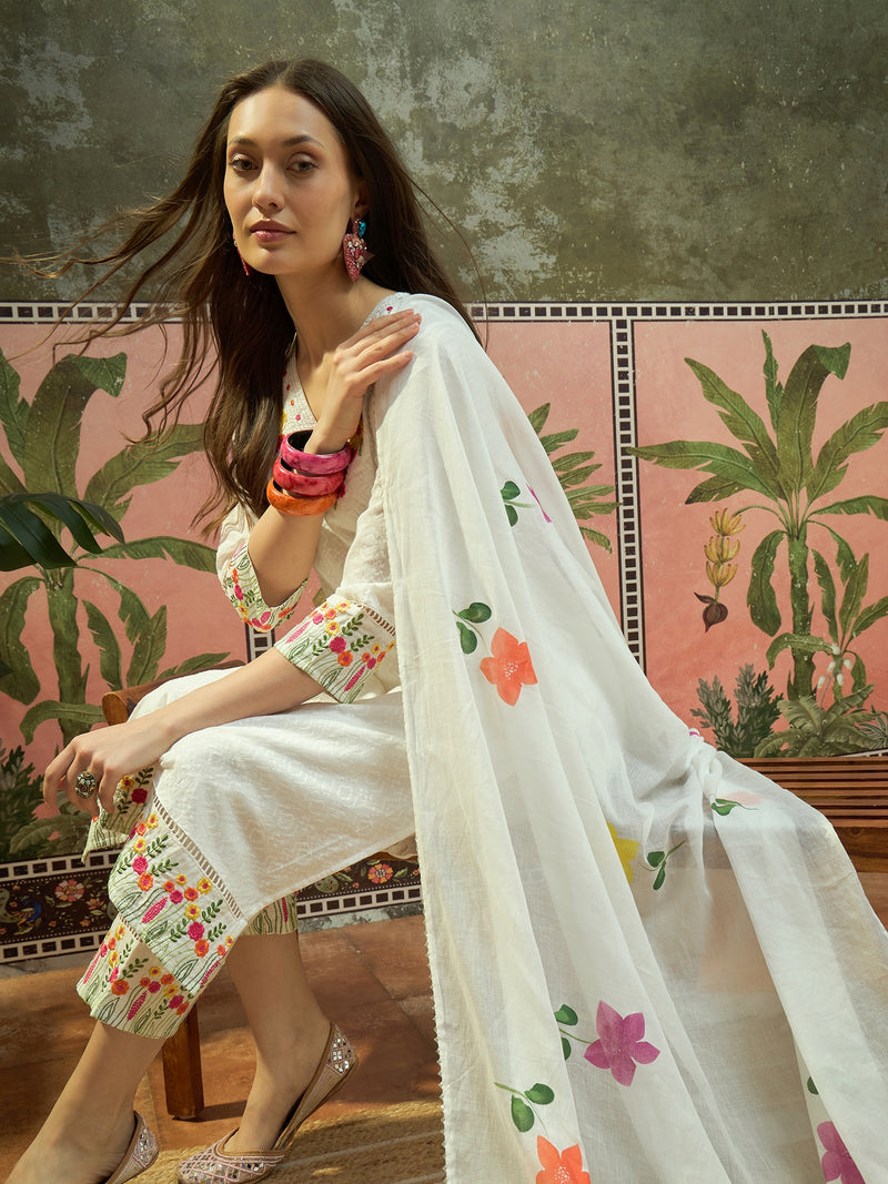Pure Cotton Floral Embroidered Straight Kurta With Trouser & Dupatta Kurta Set