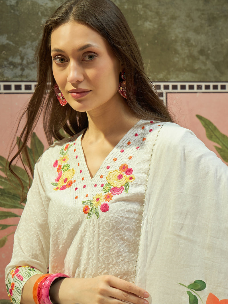 Pure Cotton Floral Embroidered Straight Kurta With Trouser & Dupatta Kurta Set