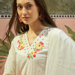 Pure Cotton Floral Embroidered Straight Kurta With Trouser & Dupatta Kurta Set