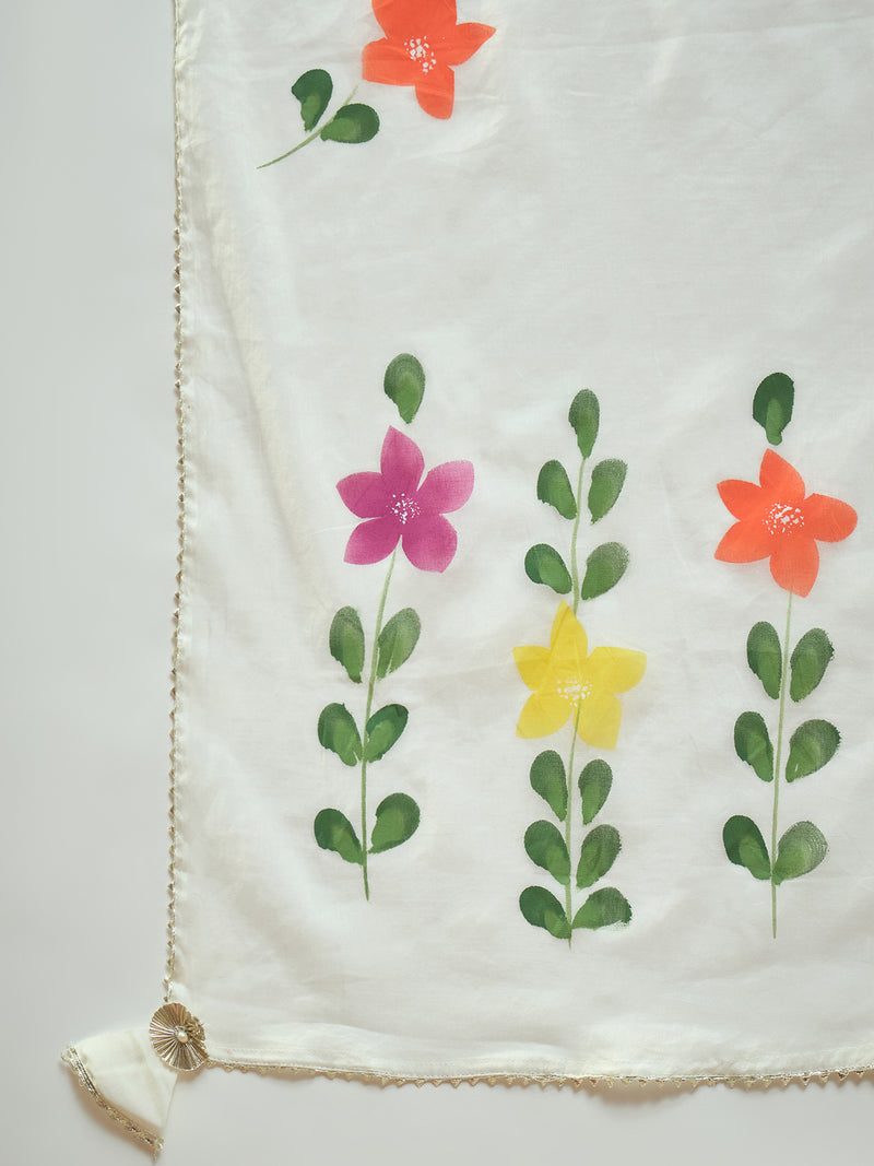 Pure Cotton Floral Embroidered Straight Kurta With Trouser & Dupatta Kurta Set