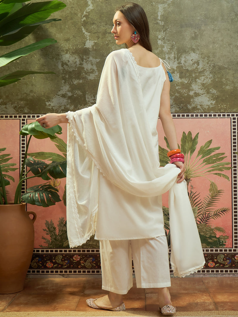 Pure Cotton Embroidered Shoulder Strap Kurta Set with Pant & Dupatta