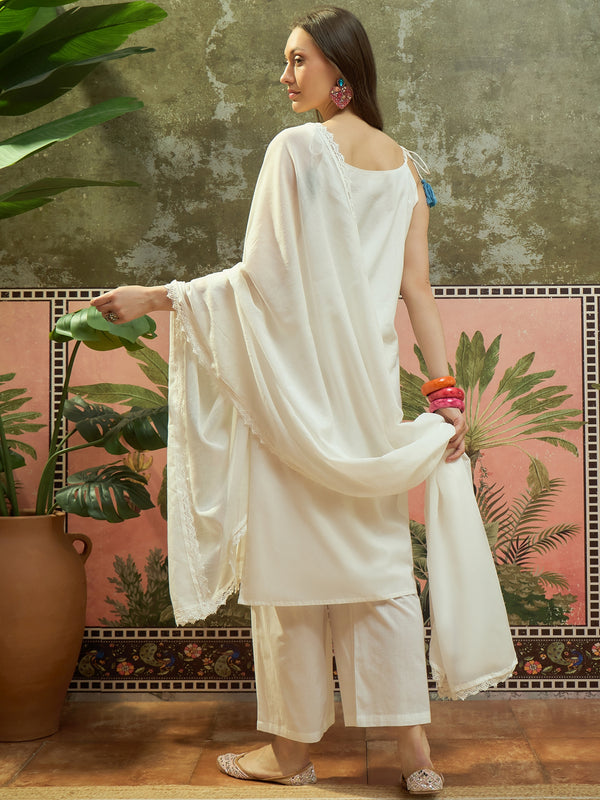 Pure Cotton Embroidered Shoulder Strap Kurta Set with Pant & Dupatta