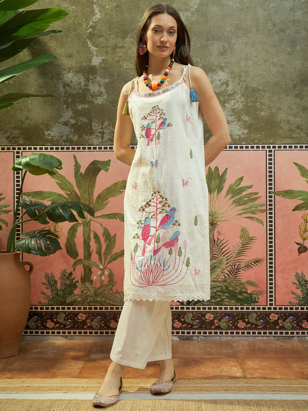 Pure Cotton Embroidered Shoulder Strap Kurta Set with Pant & Dupatta