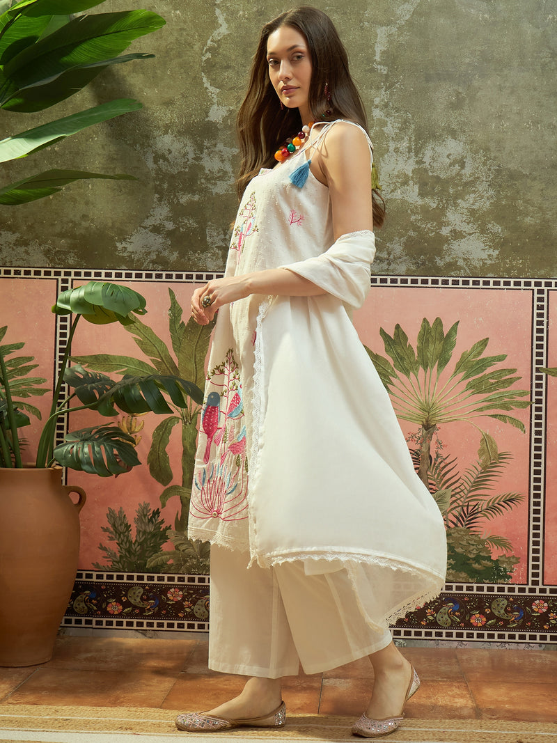 Pure Cotton Embroidered Shoulder Strap Kurta Set with Pant & Dupatta