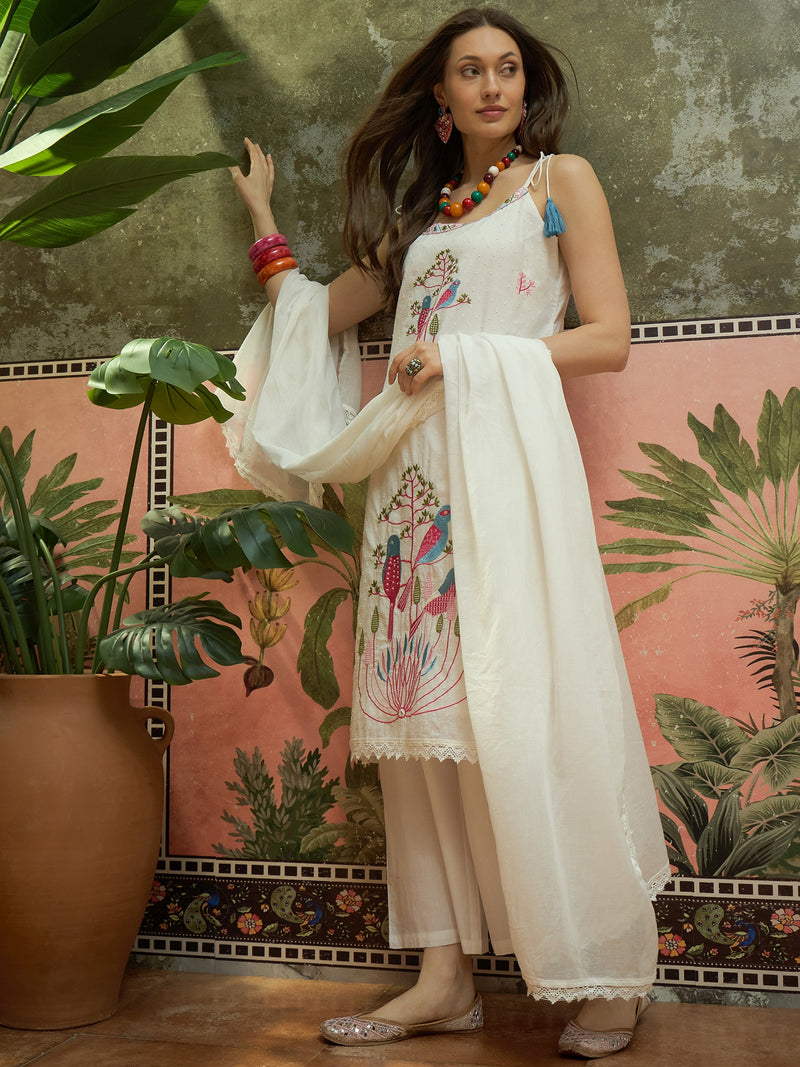 Pure Cotton Embroidered Shoulder Strap Kurta Set with Pant & Dupatta