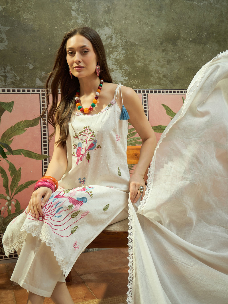 Pure Cotton Embroidered Shoulder Strap Kurta Set with Pant & Dupatta