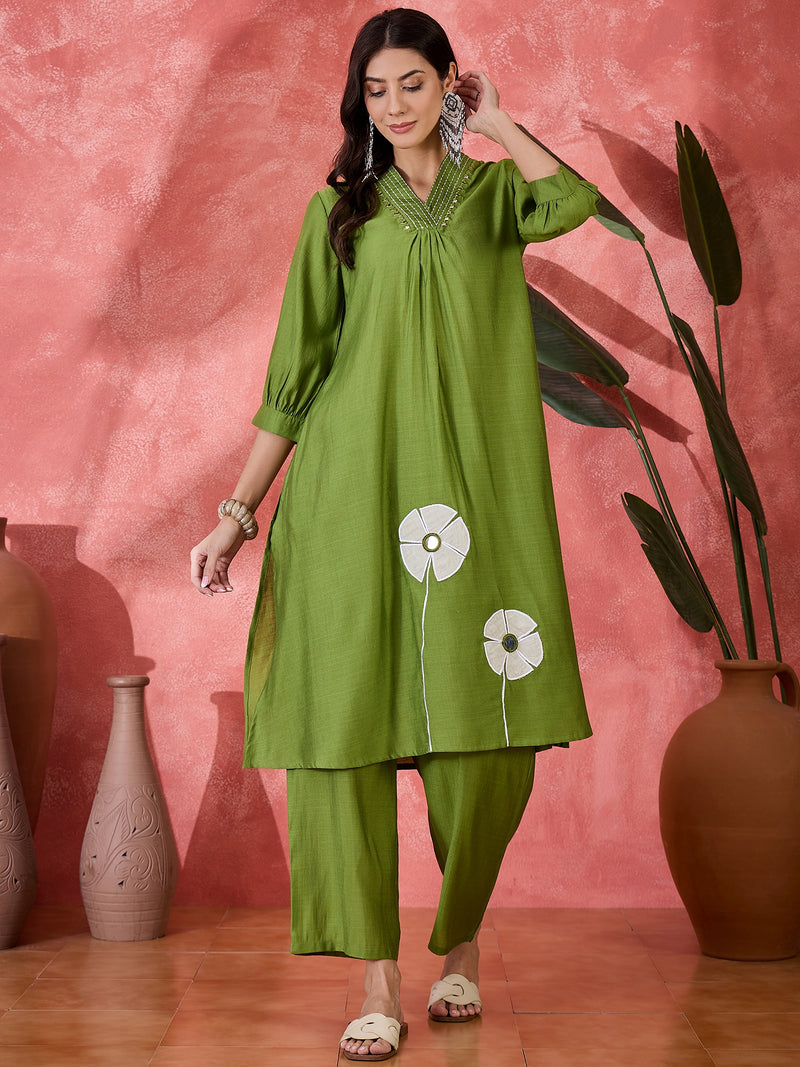 Floral Embroidered Straight Kurta With Palazzo Kurta Set