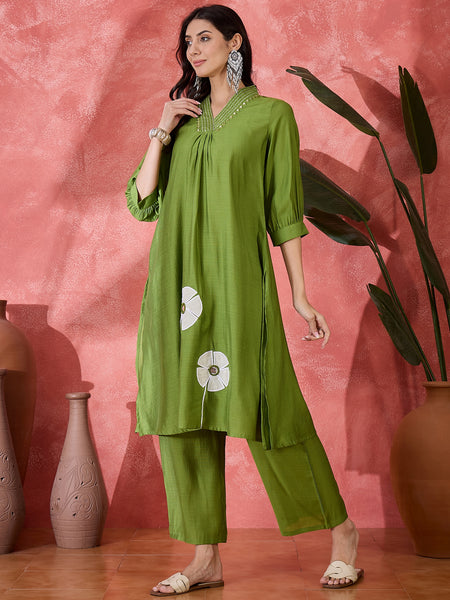 Floral Embroidered Straight Kurta With Palazzo Kurta Set