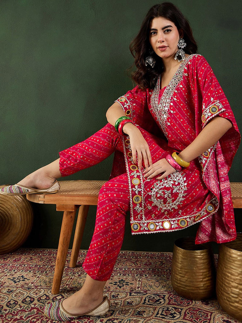 Red Bandhani Printed Regular Mirror Work Kaftan Kurta With Trouser