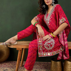 Red Bandhani Printed Regular Mirror Work Kaftan Kurta With Trouser