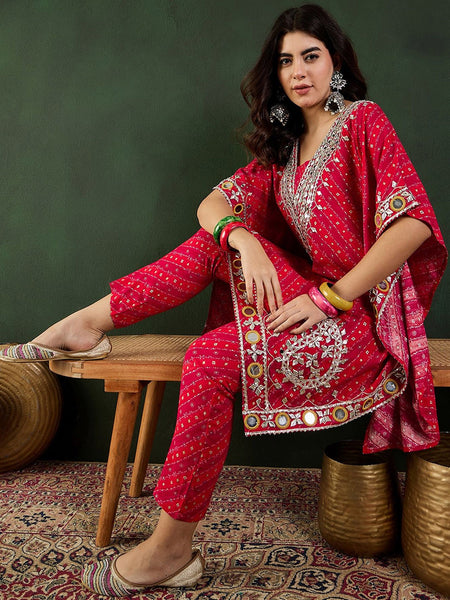 Red Bandhani Printed Regular Mirror Work Kaftan Kurta With Trouser