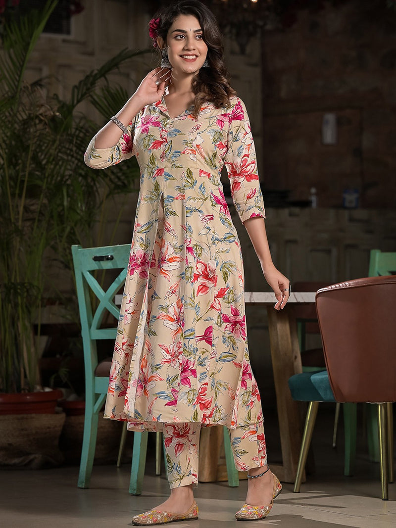 Floral Printed Lapel Collar A-Line Kurta With Trouser