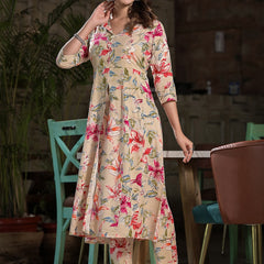 Floral Printed Lapel Collar A-Line Kurta With Trouser