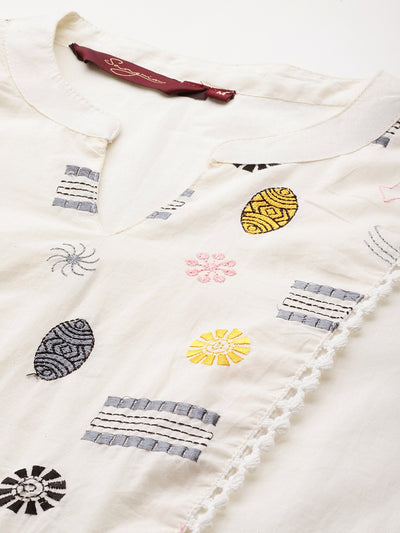 Off White Embroidered Pure Cotton Kurtis