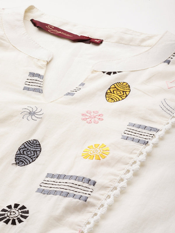 Off White Embroidered Pure Cotton Kurtis