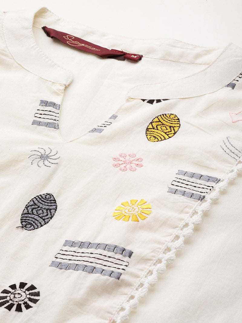 Off White Embroidered Pure Cotton Kurtis