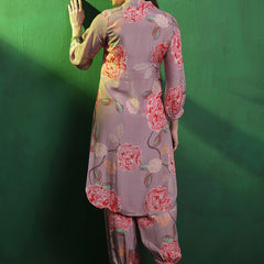 Floral Printed Shirt Collar Mirror Work Pathani Kurta & Trousers
