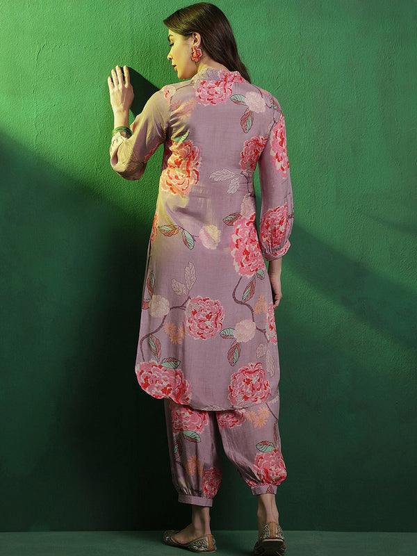 Floral Printed Shirt Collar Mirror Work Pathani Kurta & Trousers