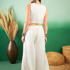 Floral Printed Pure Silk Top & Palazzo Co-Ords With Shrug