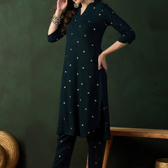Teal Green Floral Printed V-Neck Straight Kurta With Trousers