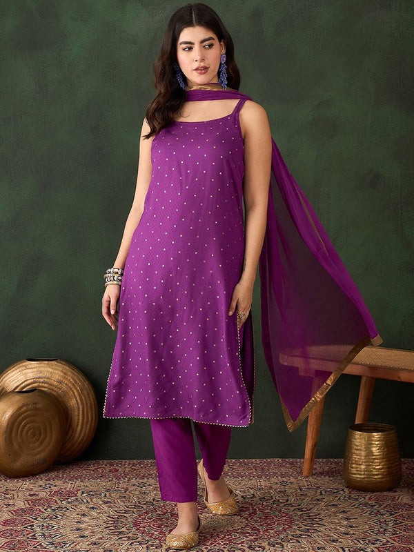Floral Printed Gotta Patti Shoulder Straps Straight Kurta & Trouser With Dupatta