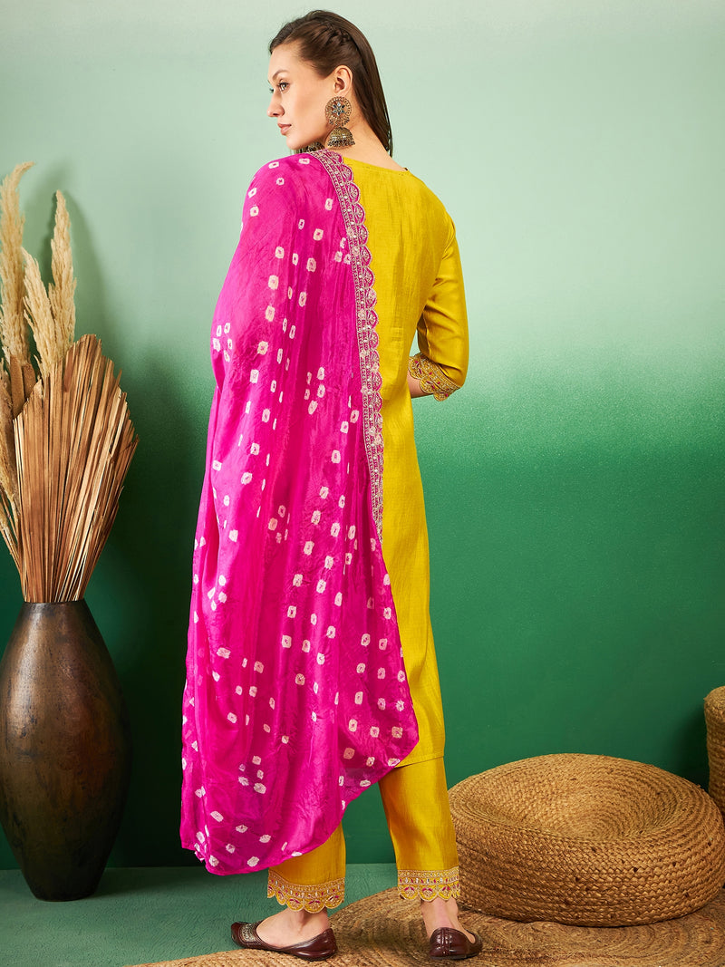 Floral Embroidered Sequinned Pure Silk V-Neck Kurta With Trousers & Dupatta