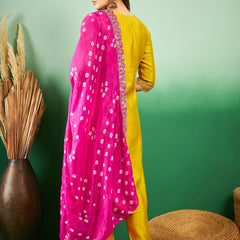 Floral Embroidered Sequinned Pure Silk V-Neck Kurta With Trousers & Dupatta