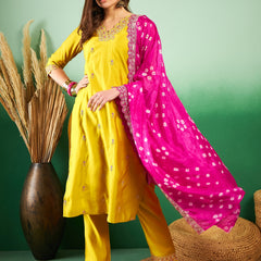 Floral Embroidered Sequinned Pure Silk V-Neck Kurta With Trousers & Dupatta