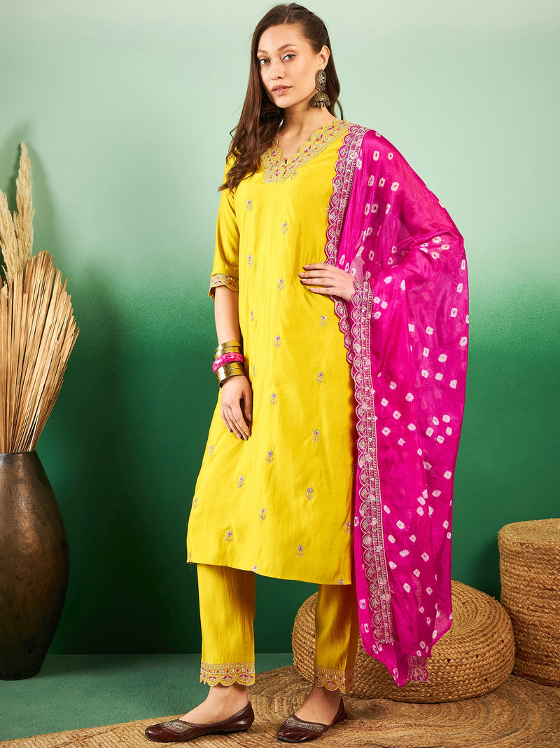 Floral Embroidered Sequinned Pure Silk V-Neck Kurta With Trousers & Dupatta