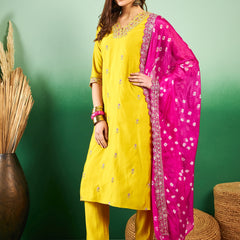 Floral Embroidered Sequinned Pure Silk V-Neck Kurta With Trousers & Dupatta