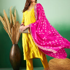Floral Embroidered Sequinned Pure Silk V-Neck Kurta With Trousers & Dupatta