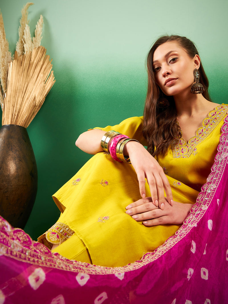 Floral Embroidered Sequinned Pure Silk V-Neck Kurta With Trousers & Dupatta