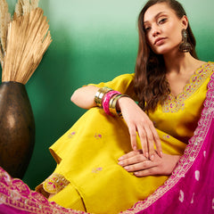 Floral Embroidered Sequinned Pure Silk V-Neck Kurta With Trousers & Dupatta