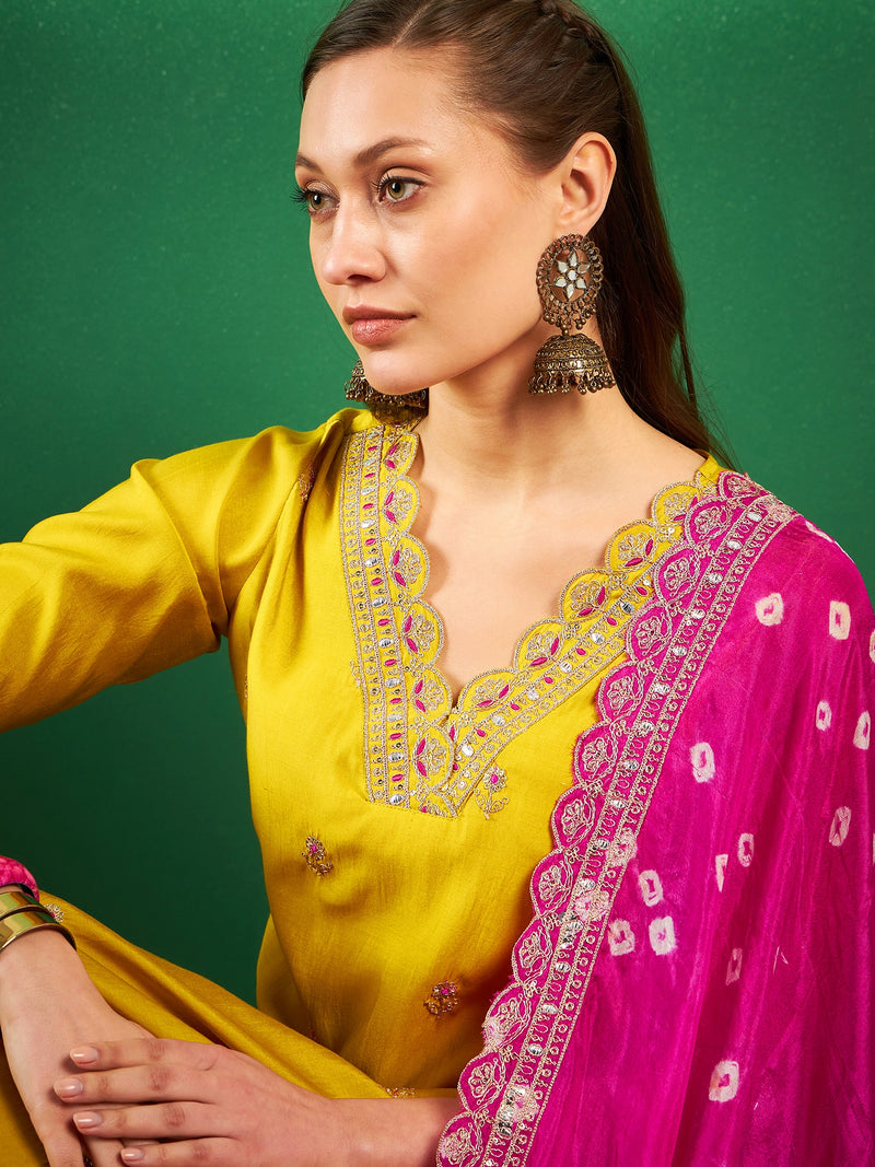 Floral Embroidered Sequinned Pure Silk V-Neck Kurta With Trousers & Dupatta