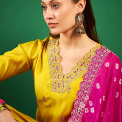 Floral Embroidered Sequinned Pure Silk V-Neck Kurta With Trousers & Dupatta